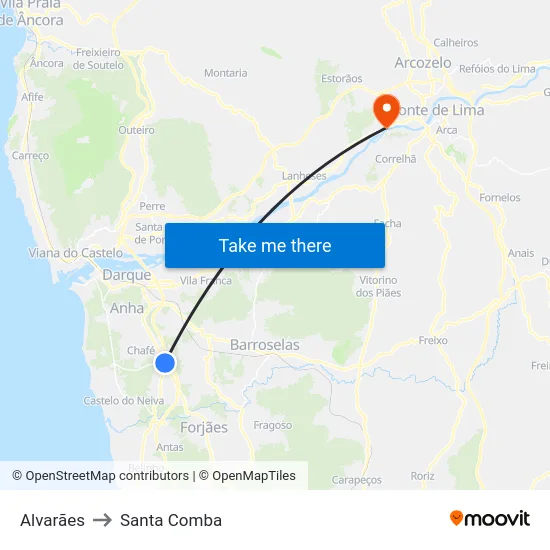 Alvarães to Santa Comba map