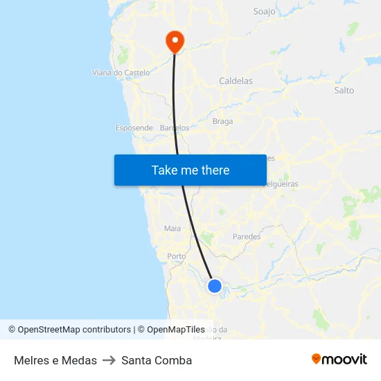 Melres e Medas to Santa Comba map