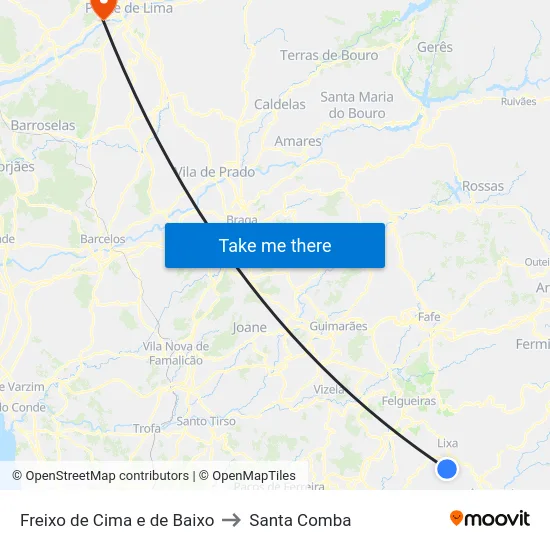 Freixo de Cima e de Baixo to Santa Comba map