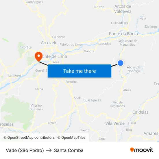 Vade (São Pedro) to Santa Comba map