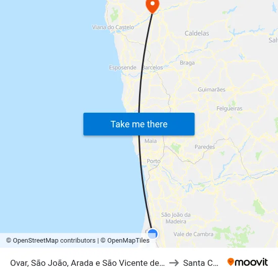 Ovar, São João, Arada e São Vicente de Pereira Jusã to Santa Comba map