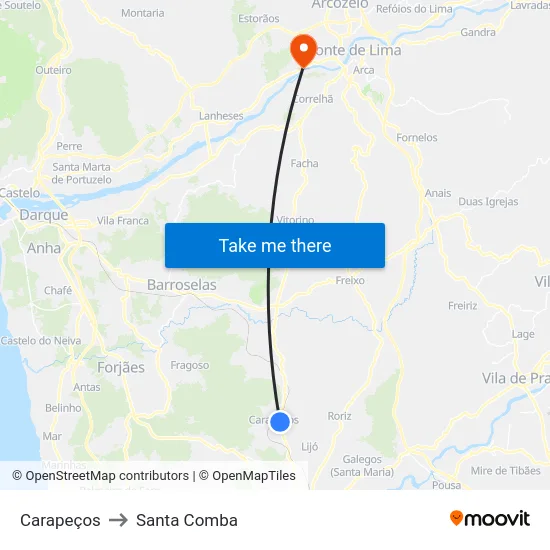 Carapeços to Santa Comba map