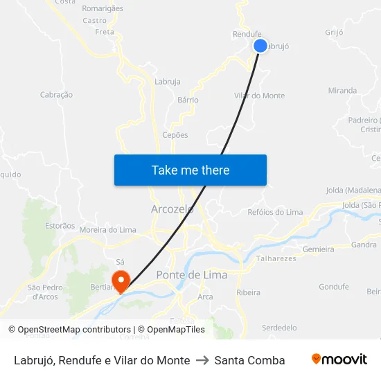 Labrujó, Rendufe e Vilar do Monte to Santa Comba map