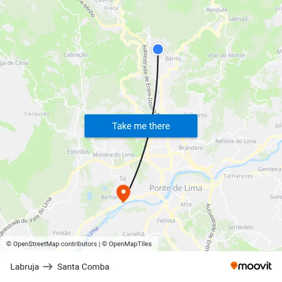 Labruja to Santa Comba map