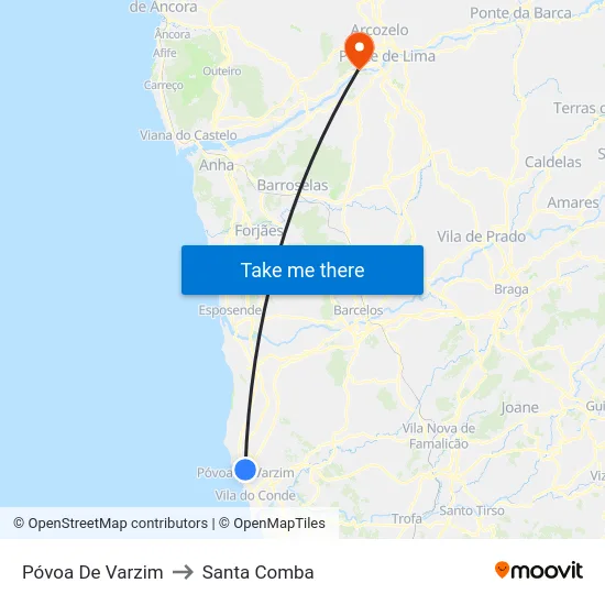 Póvoa De Varzim to Santa Comba map