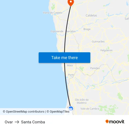 Ovar to Santa Comba map