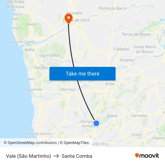 Vale (São Martinho) to Santa Comba map