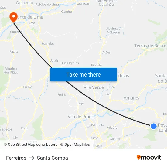 Ferreiros to Santa Comba map