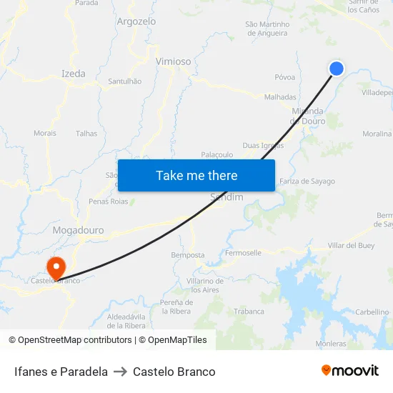 Ifanes e Paradela to Castelo Branco map