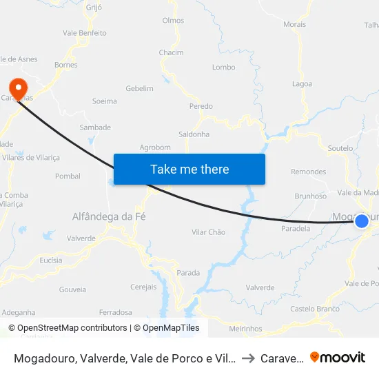 Mogadouro, Valverde, Vale de Porco e Vilar de Rei to Caravelas map