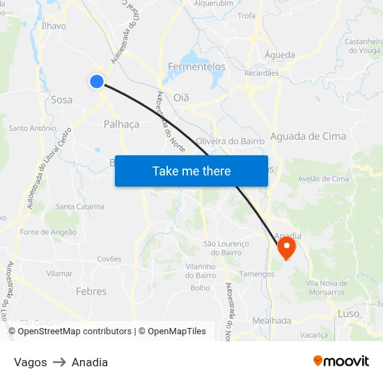 Vagos to Anadia map