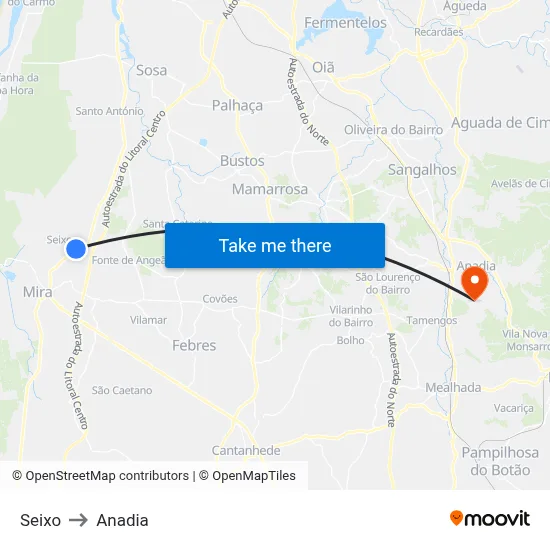 Seixo to Anadia map