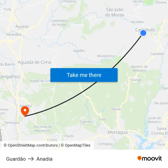Guardão to Anadia map