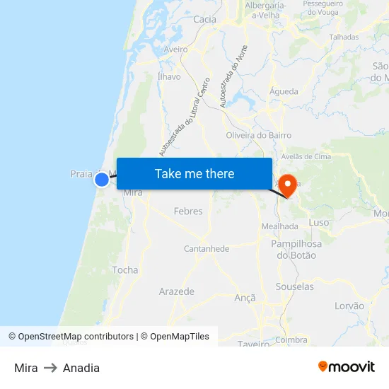 Mira to Anadia map