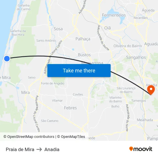 Praia de Mira to Anadia map