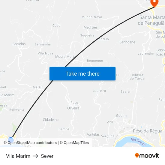 Vila Marim to Sever map