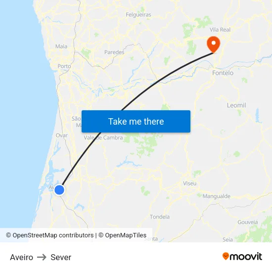 Aveiro to Sever map
