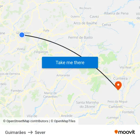Guimarães to Sever map