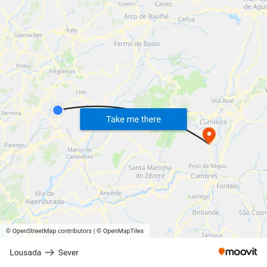 Lousada to Sever map