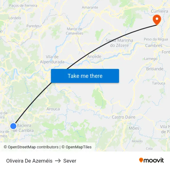 Oliveira De Azeméis to Sever map