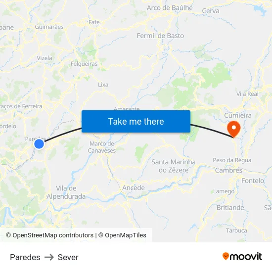 Paredes to Sever map
