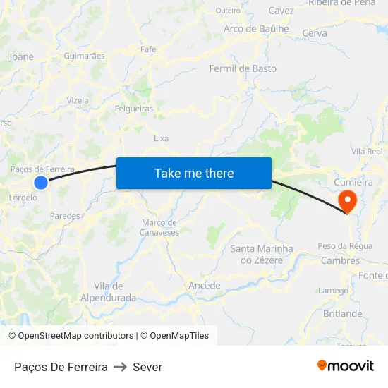 Paços De Ferreira to Sever map
