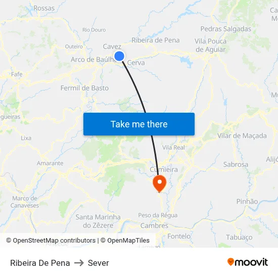 Ribeira De Pena to Sever map