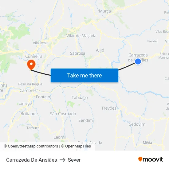 Carrazeda De Ansiães to Sever map