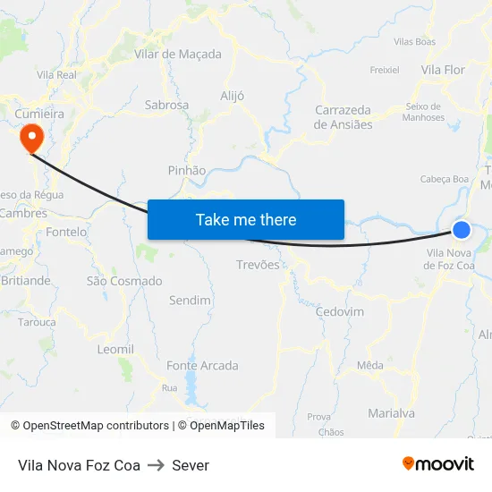Vila Nova Foz Coa to Sever map