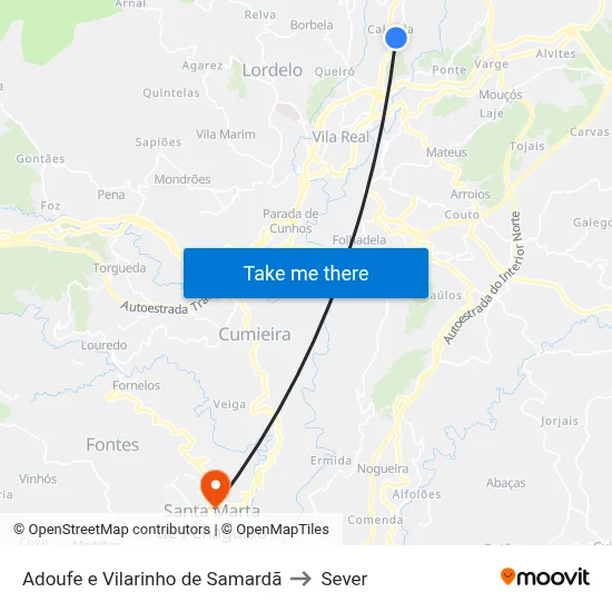 Adoufe e Vilarinho de Samardã to Sever map