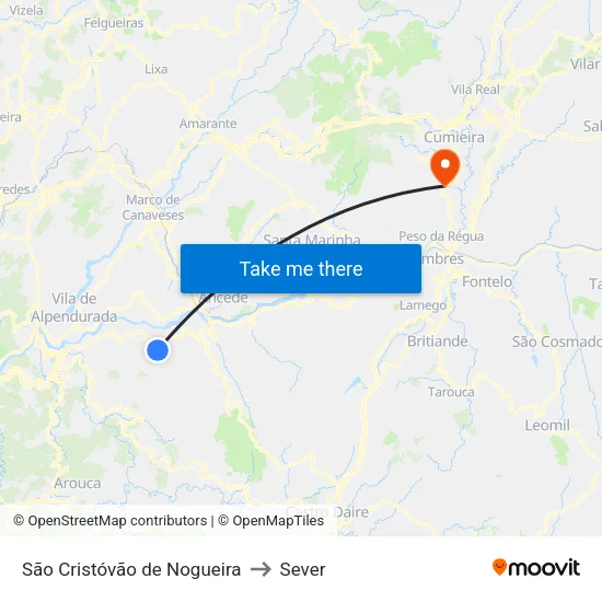 São Cristóvão de Nogueira to Sever map