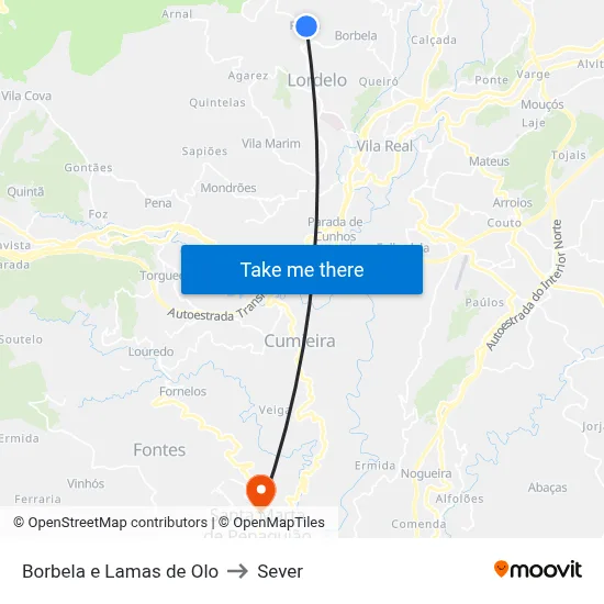 Borbela e Lamas de Olo to Sever map