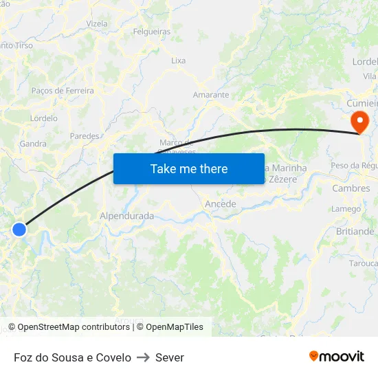 Foz do Sousa e Covelo to Sever map