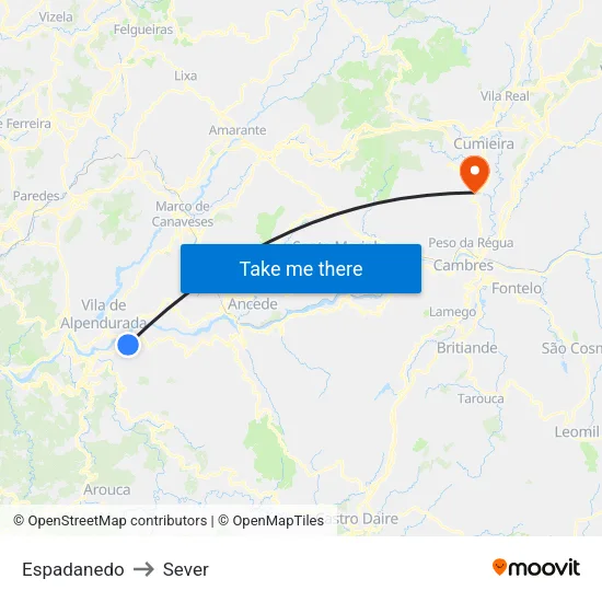 Espadanedo to Sever map