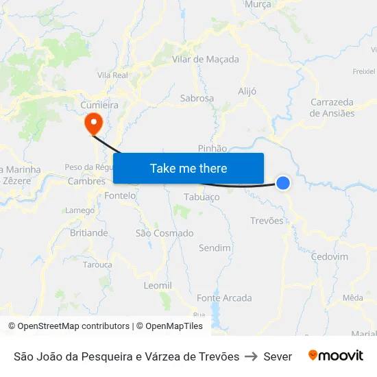 São João da Pesqueira e Várzea de Trevões to Sever map
