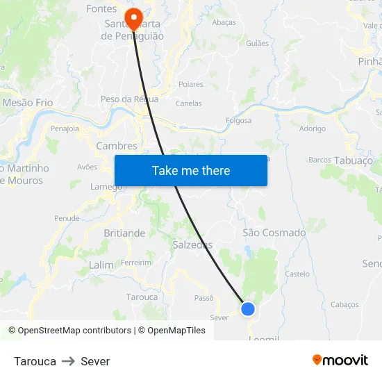 Tarouca to Sever map