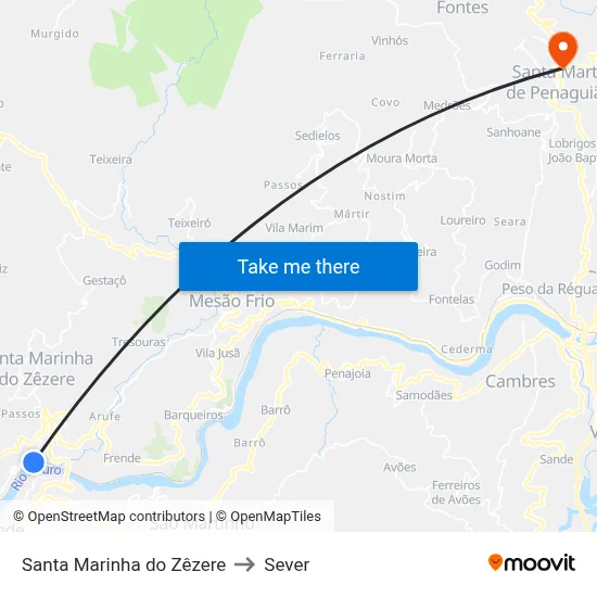 Santa Marinha do Zêzere to Sever map