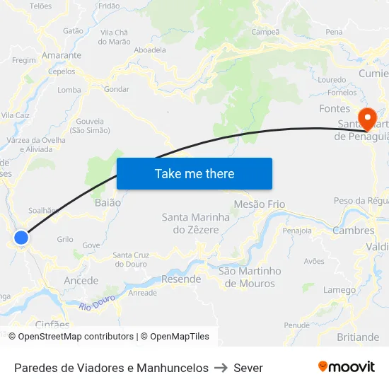 Paredes de Viadores e Manhuncelos to Sever map