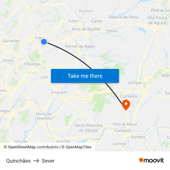 Quinchães to Sever map