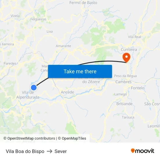Vila Boa do Bispo to Sever map