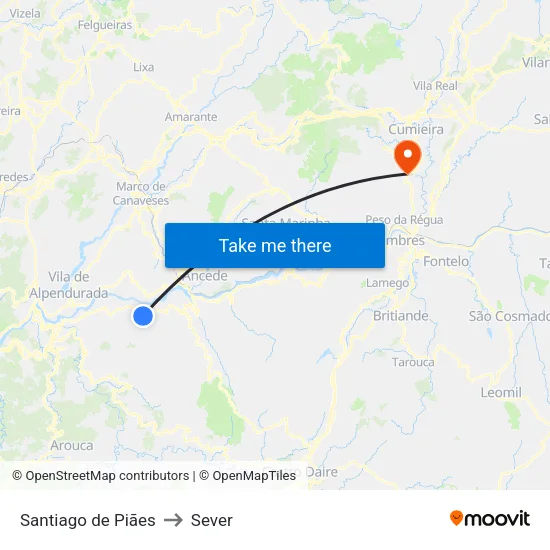 Santiago de Piães to Sever map