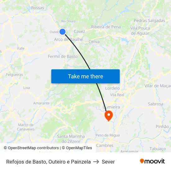 Refojos de Basto, Outeiro e Painzela to Sever map