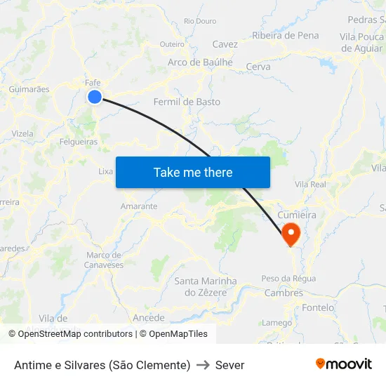 Antime e Silvares (São Clemente) to Sever map