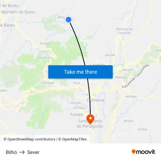 Bilhó to Sever map