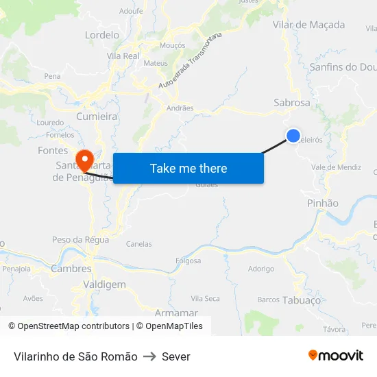 Vilarinho de São Romão to Sever map