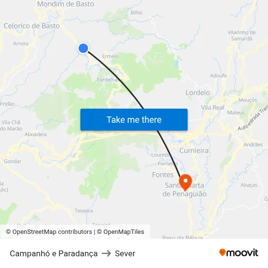 Campanhó e Paradança to Sever map