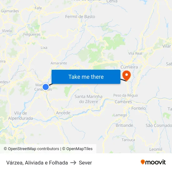 Várzea, Aliviada e Folhada to Sever map