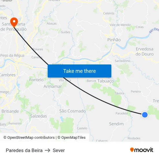Paredes da Beira to Sever map