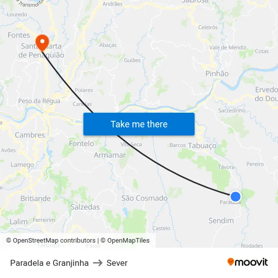 Paradela e Granjinha to Sever map