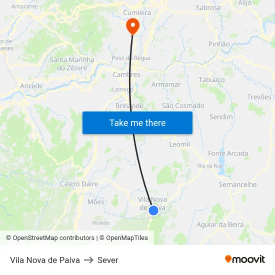 Vila Nova de Paiva to Sever map